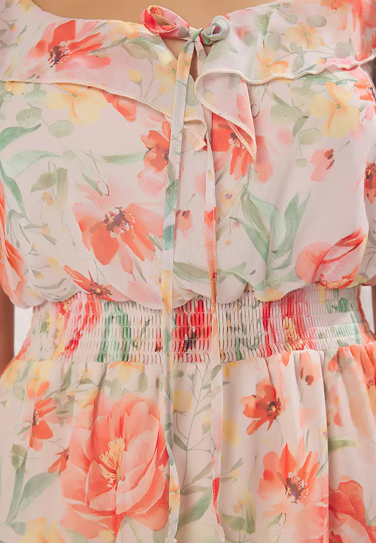 Orange Floral Skirt Opening at Waist with Ruffle Mini Lined Chiffon Woven Dress TWOSS25EL00709