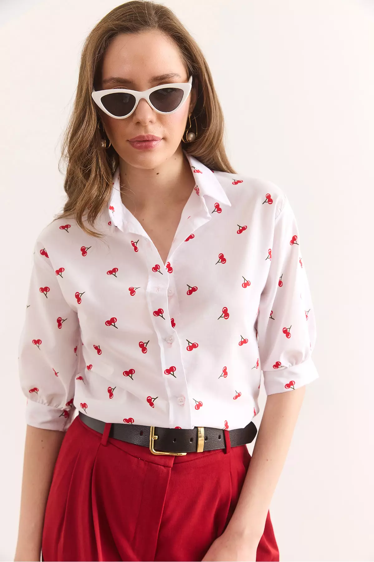 Women's White Cherry Balloon Sleeve Woven Shirt Gml-19001330