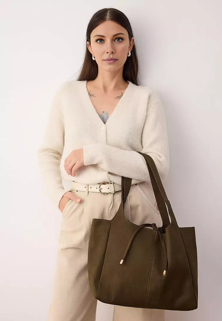 Khaki Suede Tie Detailed Midi Women's Tote Shoulder Bag