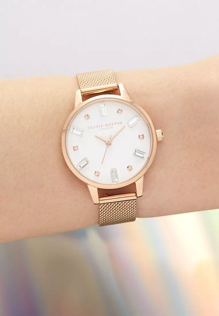 Bejewelled White Midi Dial Rose Gold Mesh OB16BJ02