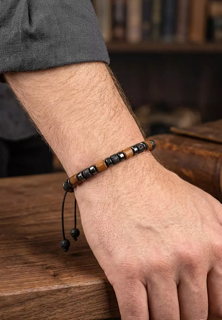 Aksesoris Gelang Pria Wooden & Lava Beads Bracelet Black, Brown & Silver
