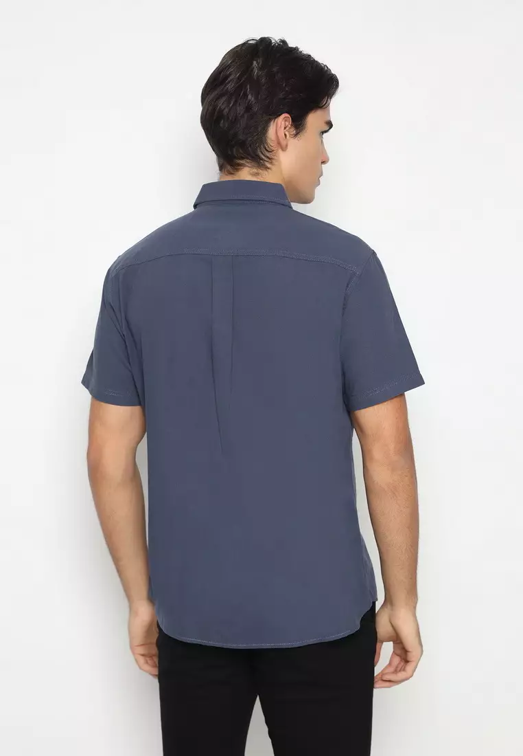 POLICE Kemeja Polos Cotton Abu Biru Regular Fit Pria