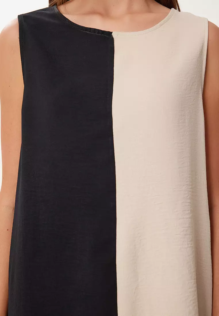 Women's Black Cream Contrast Color Mini Woven Dress Iy00001