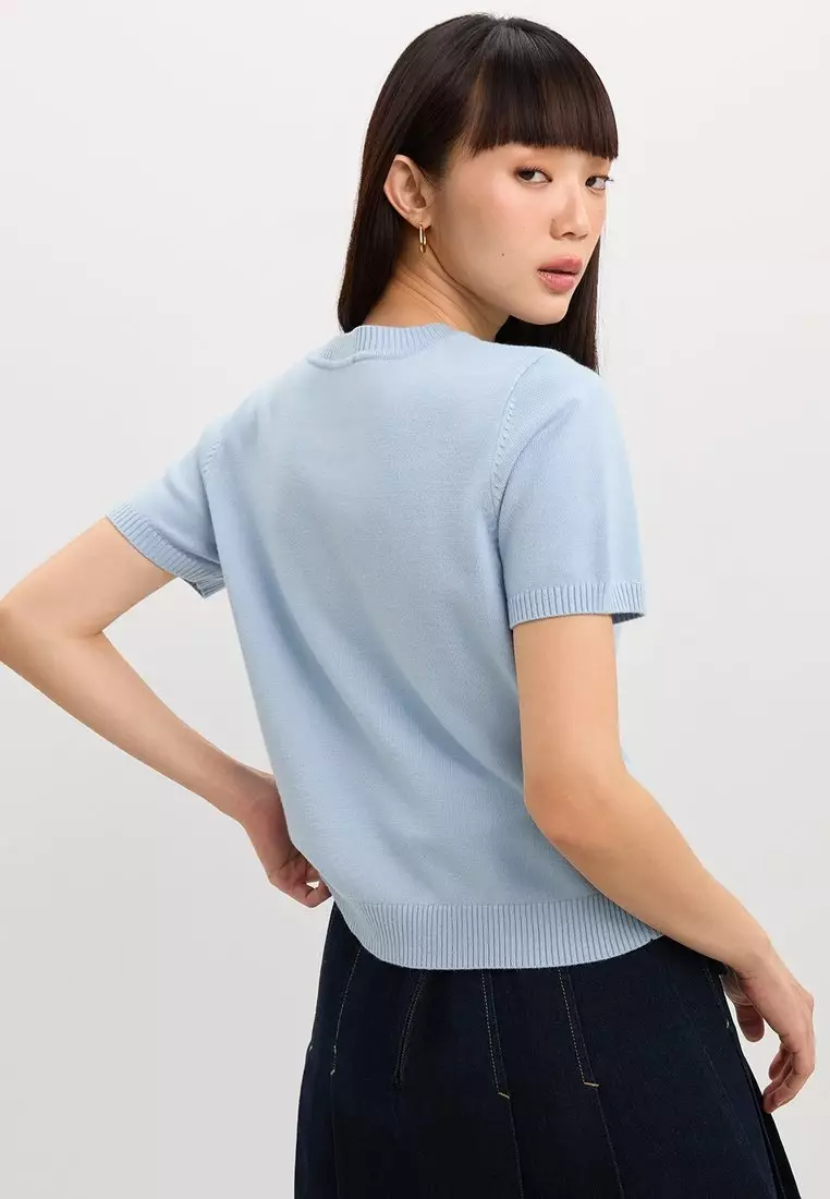 Embroidered Knit Top - Baby Blue