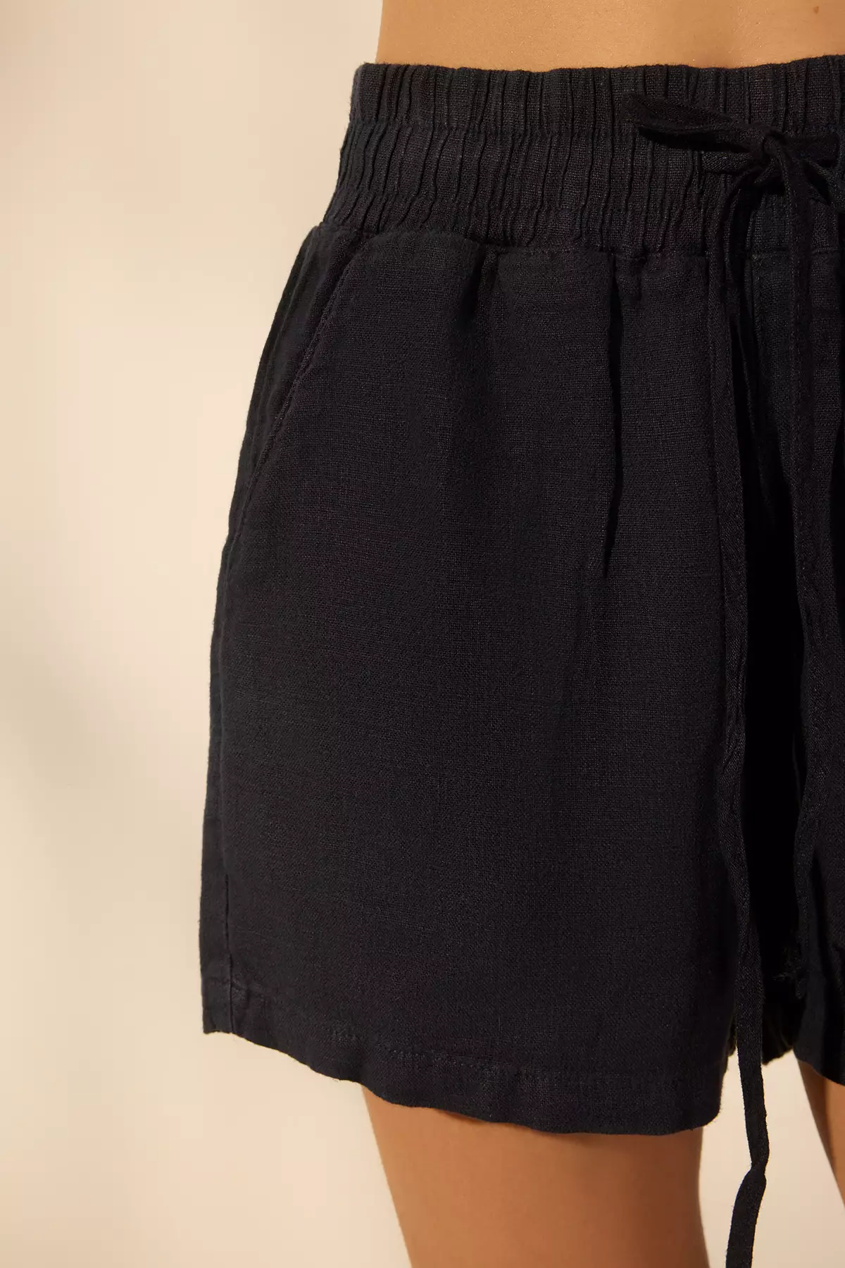 Navy Blue 1% Linen Elastic Waist High Waist Shorts Twoss26Sr19