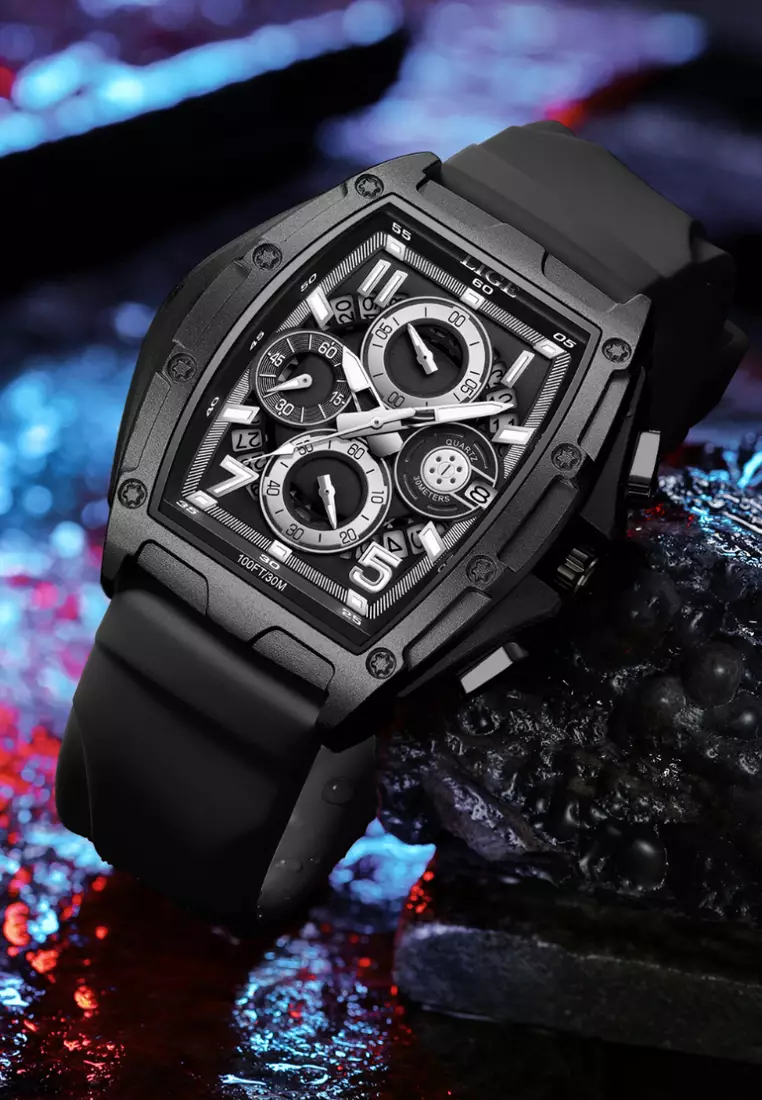 Unisex Tonneau Shaped IP Black Stainless Steel Quartz Watch on Rubber Strap