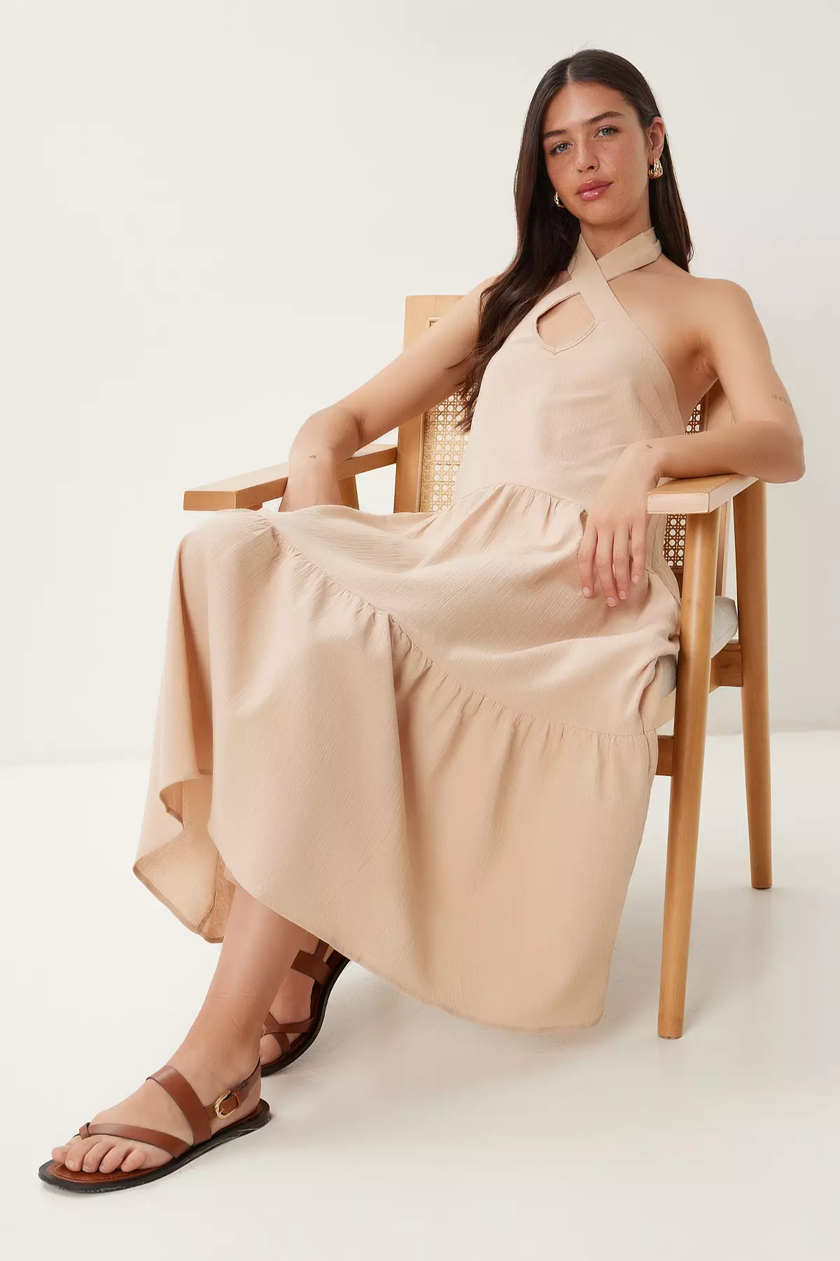 Jual Happiness Istanbul Women's Beige Flounced Summer Linen Dress