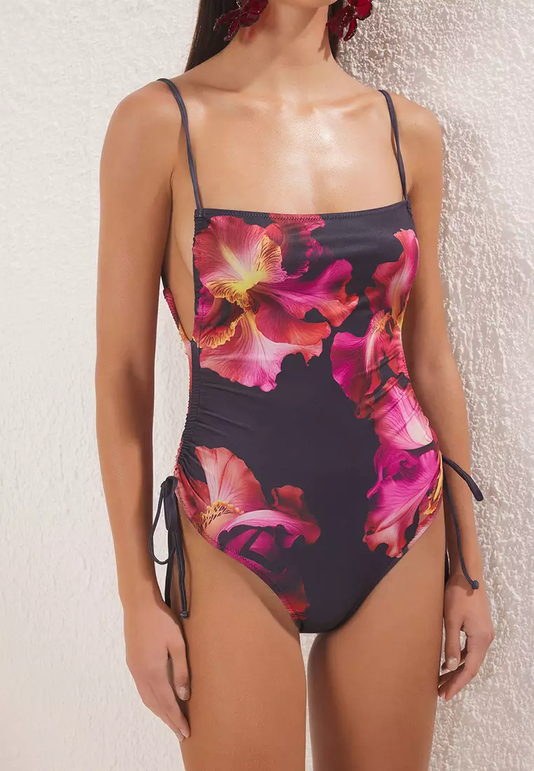 Flower Patterned Square Collar Shir Detail Strap Brazilian Swimsuit Tbess25Ma00066