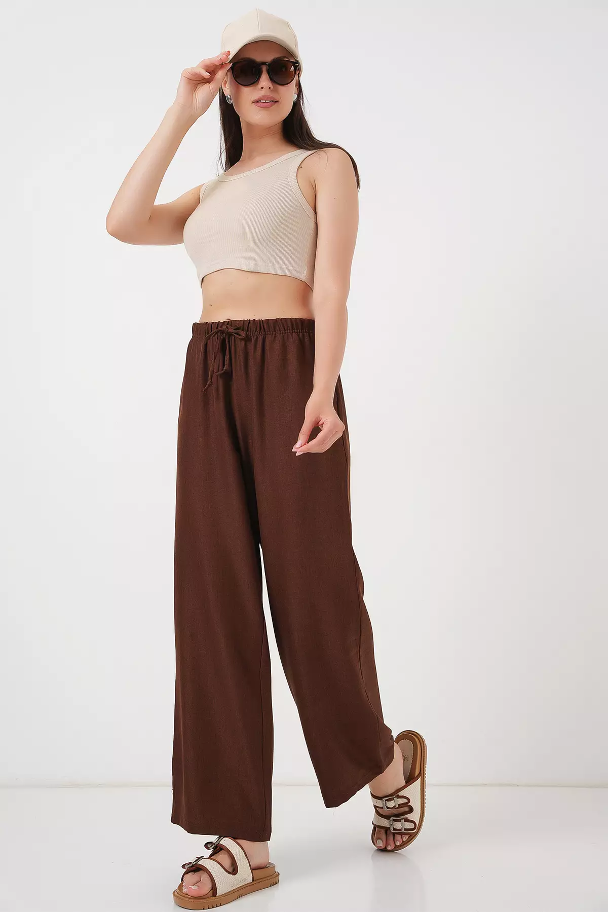 Wide Leg Linen-Look Trousers