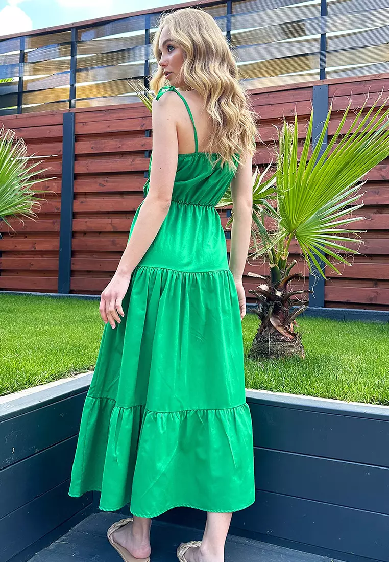 Women's Green Layered Flounce Strap Midilength Dress With Bead Accessories Alc-X12333