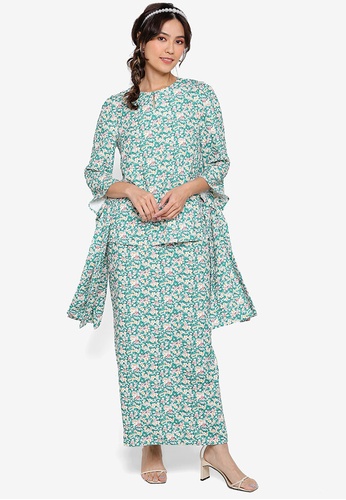 Lubna green and multi 100% Recycled Polyester Sash Sleeves Kurung Kedah 85F38AA8CE95D7GS_1