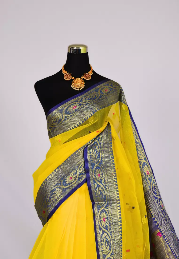 Neon-Yellow Handwoven Muslin Zari Jamdani Bengal Saree