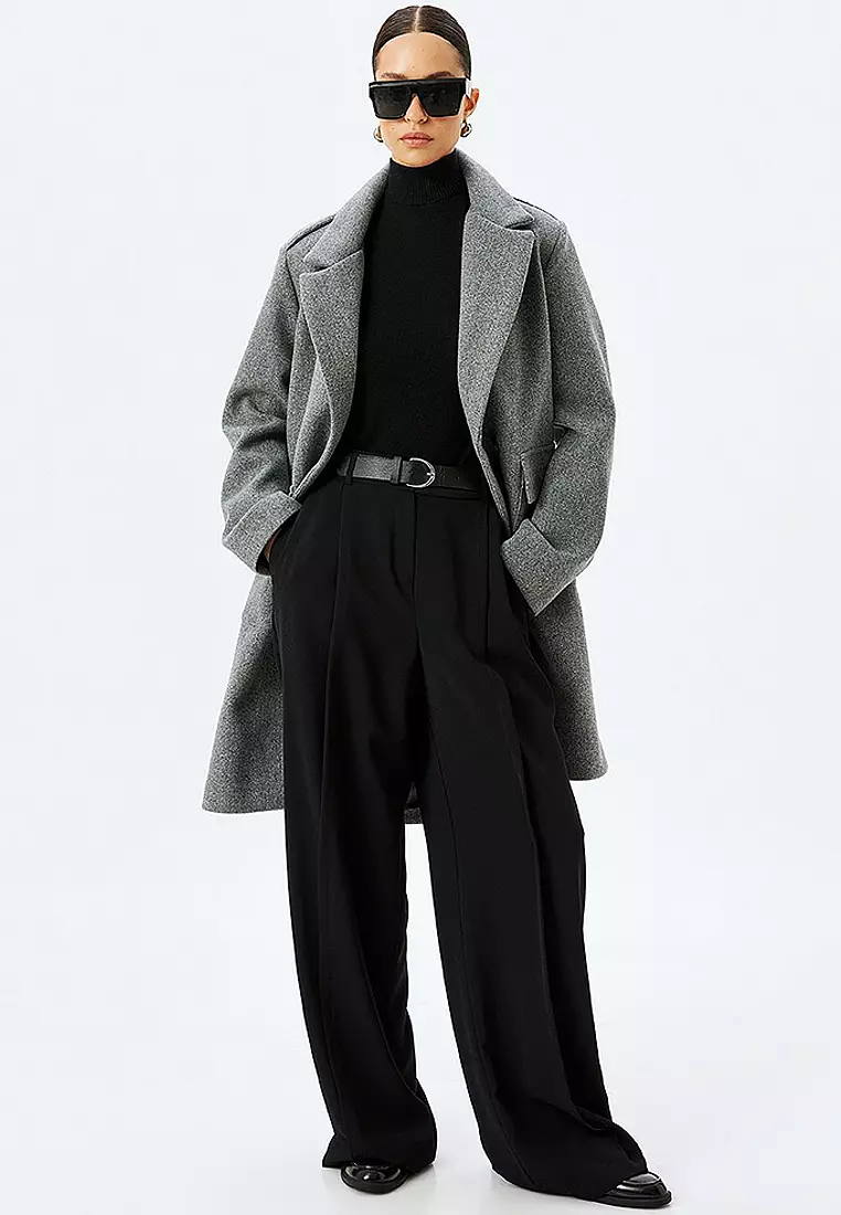 Long Cashmere Coat with Flap and Double Pocket Detail