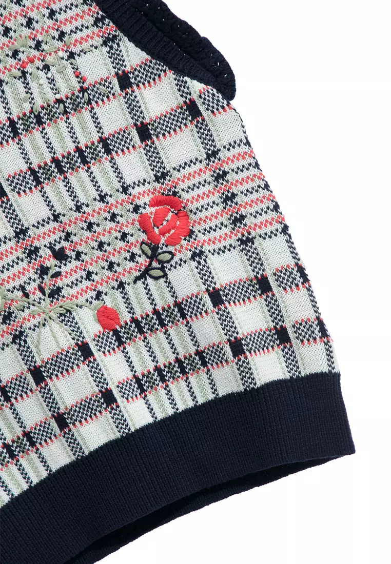Checkered Knit Vest With Floral Embroidery