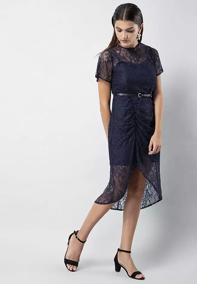 Navy Lace Ruched Midi Dress with Leather Belt