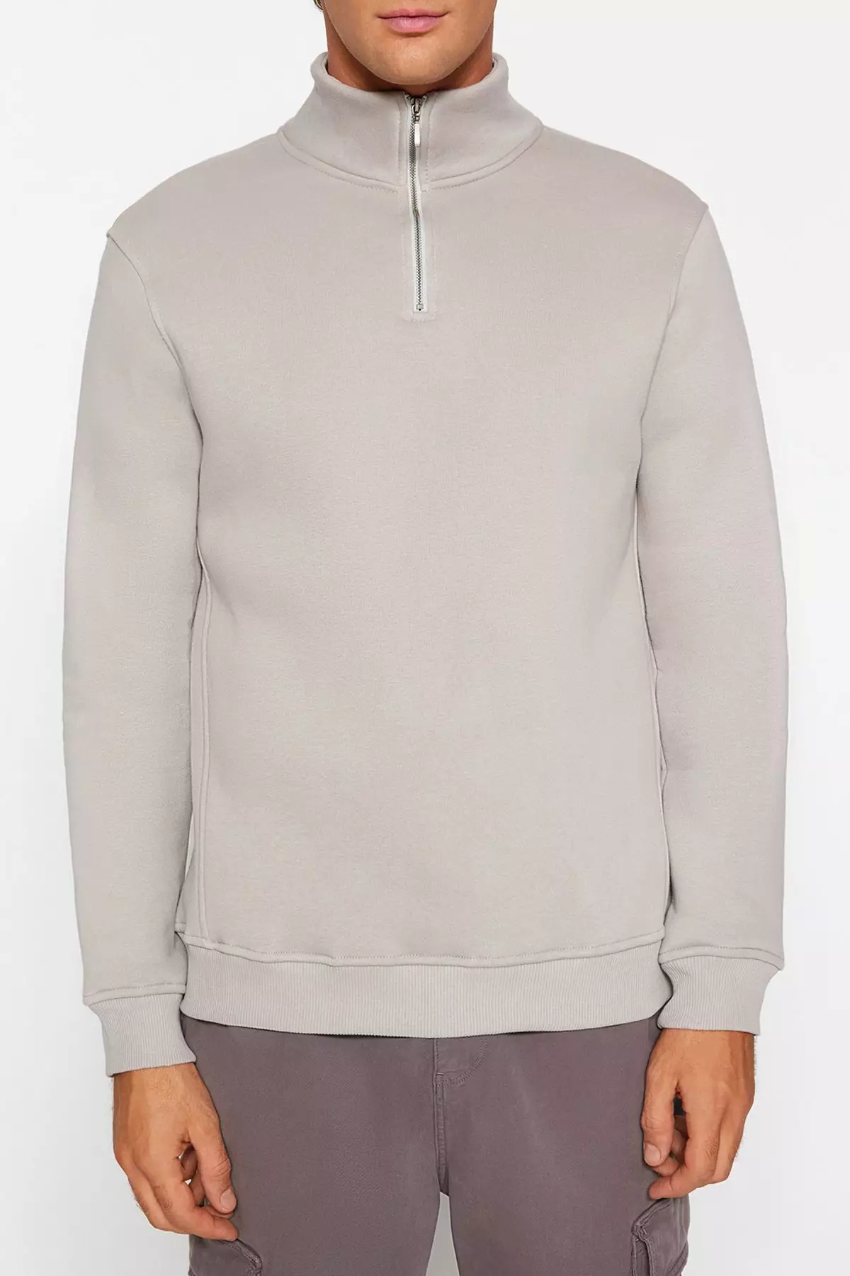 Grey Regular/Normal Cut Stand Collar Zippered Cotton Basic Inside Polar Fleece Sweatshirt TMNAW24SW00041