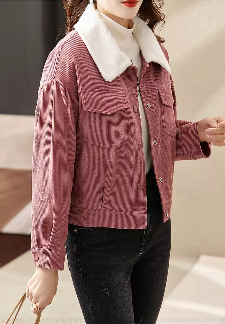 Pink corduroy jacket with on sale fur