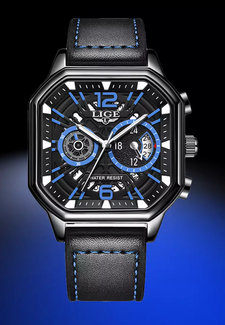 Chronograph Unisex Stainless Steel Square Quartz Watch 43X43mm, black dial, Leather Strap