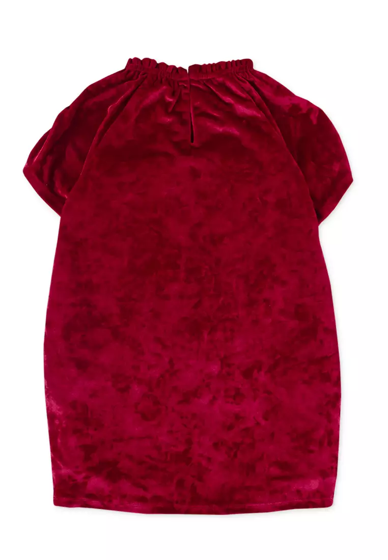 Girls Raglan Velvet Dress With Ribbon On Neck