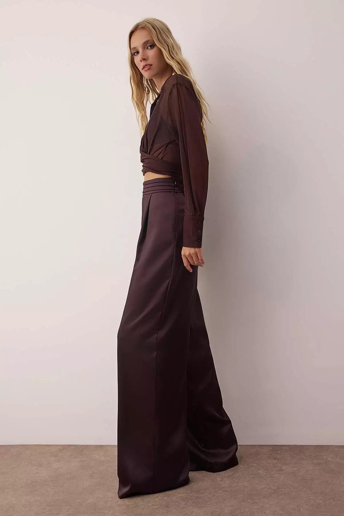 Brown Plain Woven Satin Dressy/Evening Trousers Tprss23Pl00001