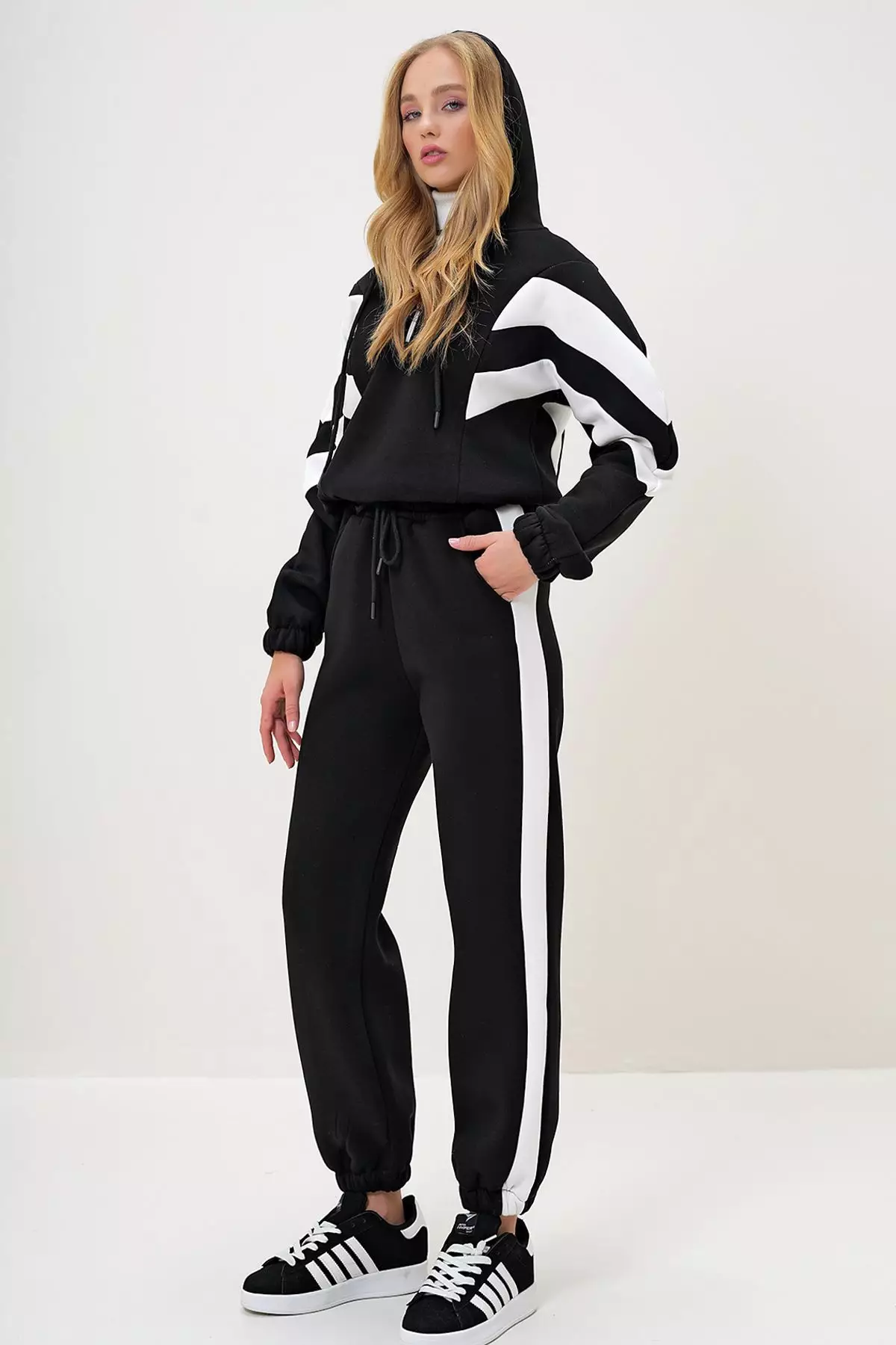 Women's Black Hooded Half Zippered Sweatshirt and Elastic Leg Tracksuit Set