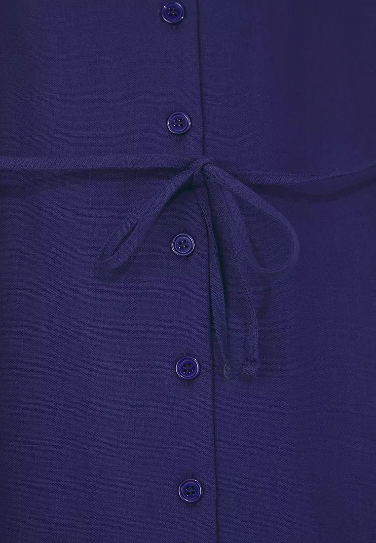Navy Blue Belted Linen Blend Midi Woven Shirt Dress TWOSS25EL00651