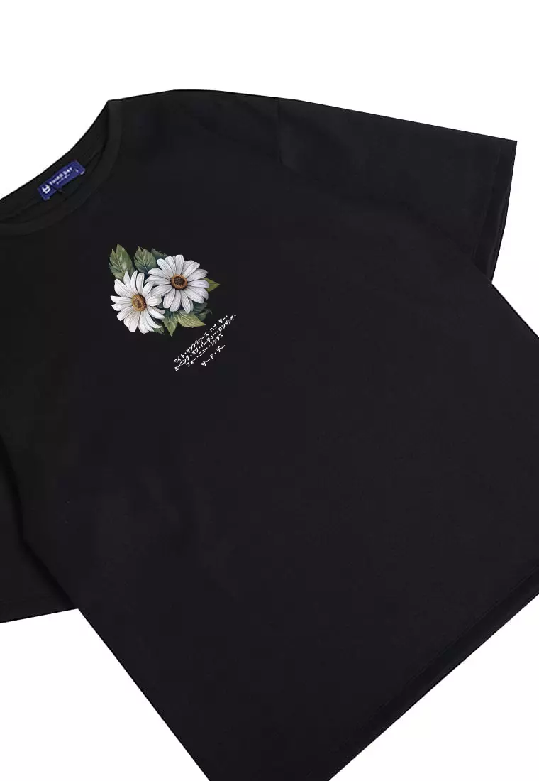 MTT63 Kaos gambar bunga oversize scuba "two daisies" hitam