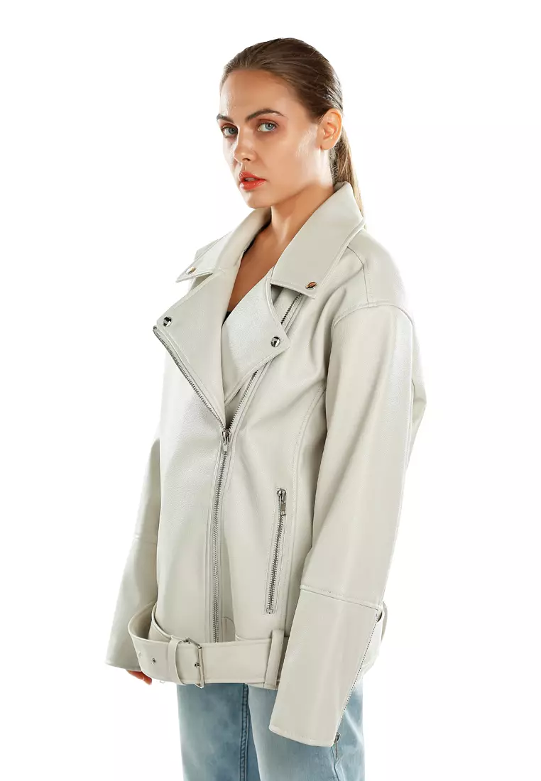 男女通用繫帶超大機車夾克，石色