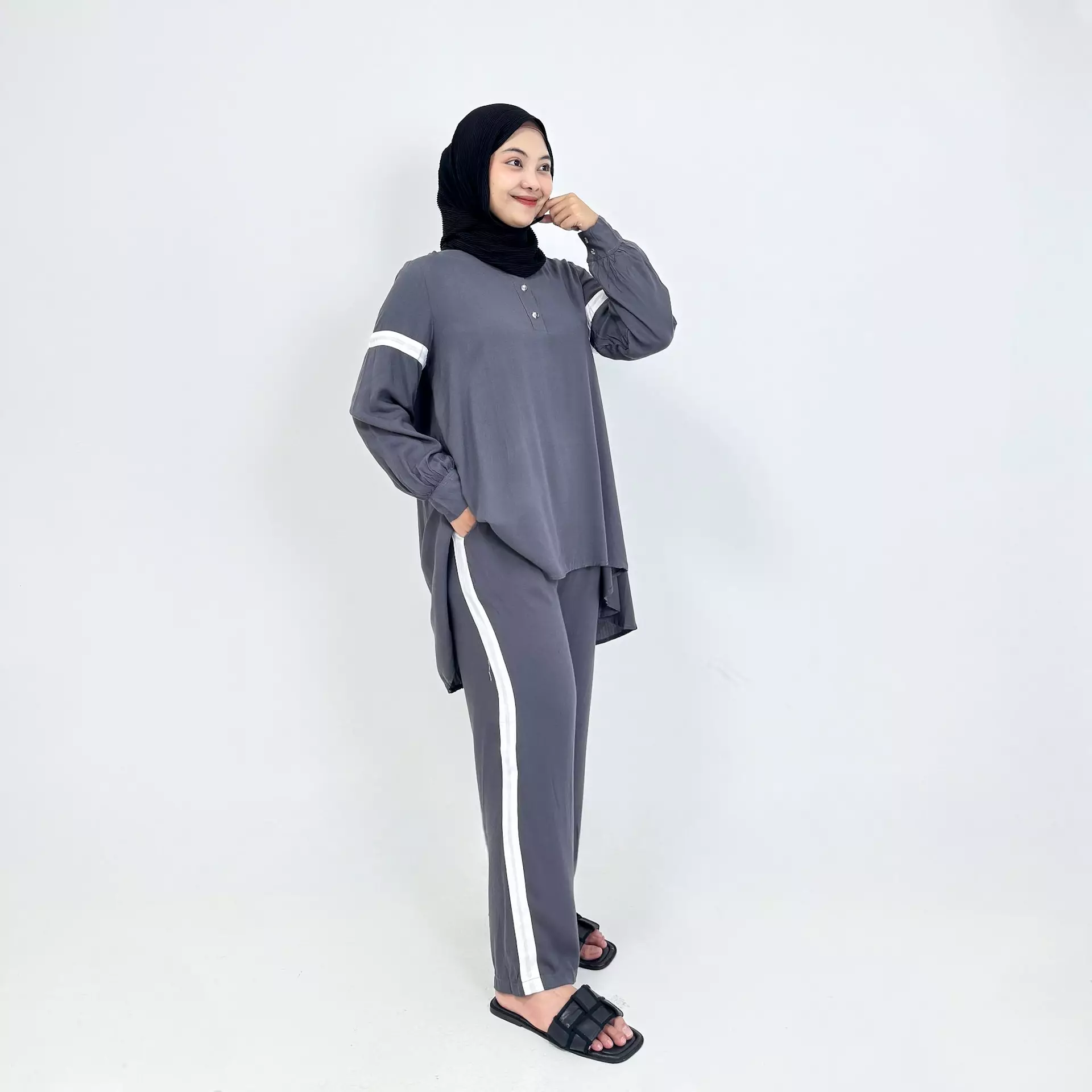 Piyama Cotton Ica [ABU ABU] SIZE L-XL Baju Tidur Long Sleeve Long Pants Sleepwear