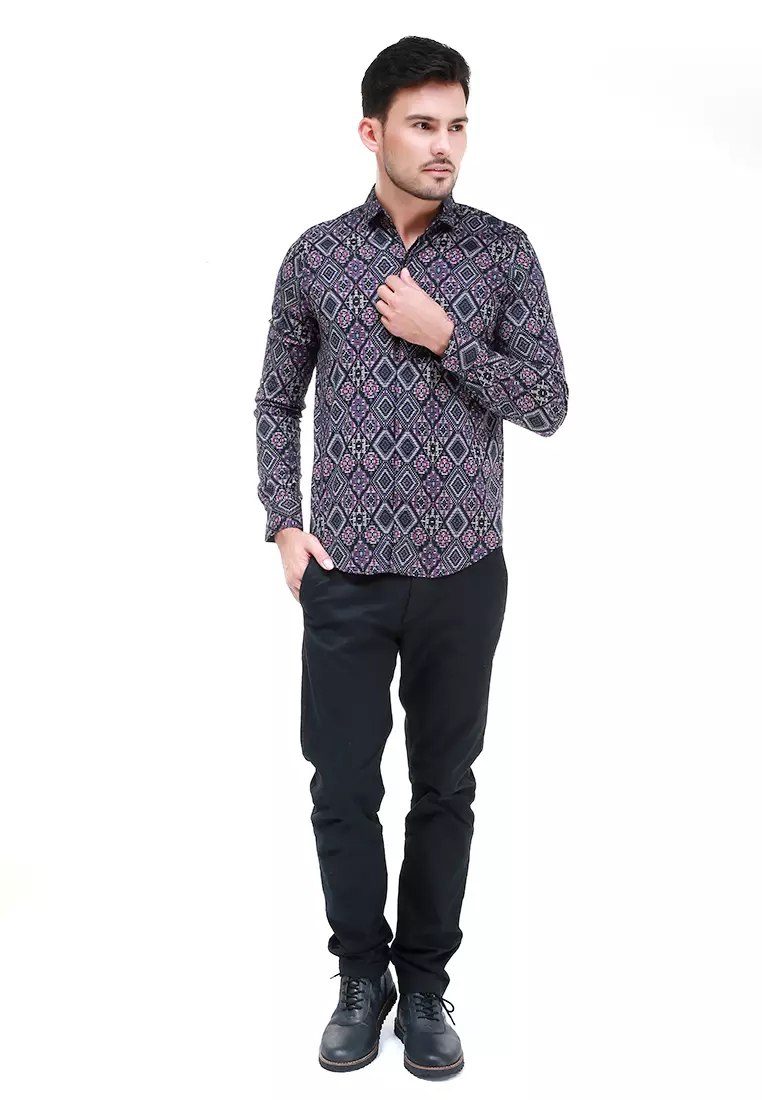 Dwan Kemeja Batik Pria Permata Atasan Formal Longsleeve Shirt Material Cotton ORIGINAL - Black