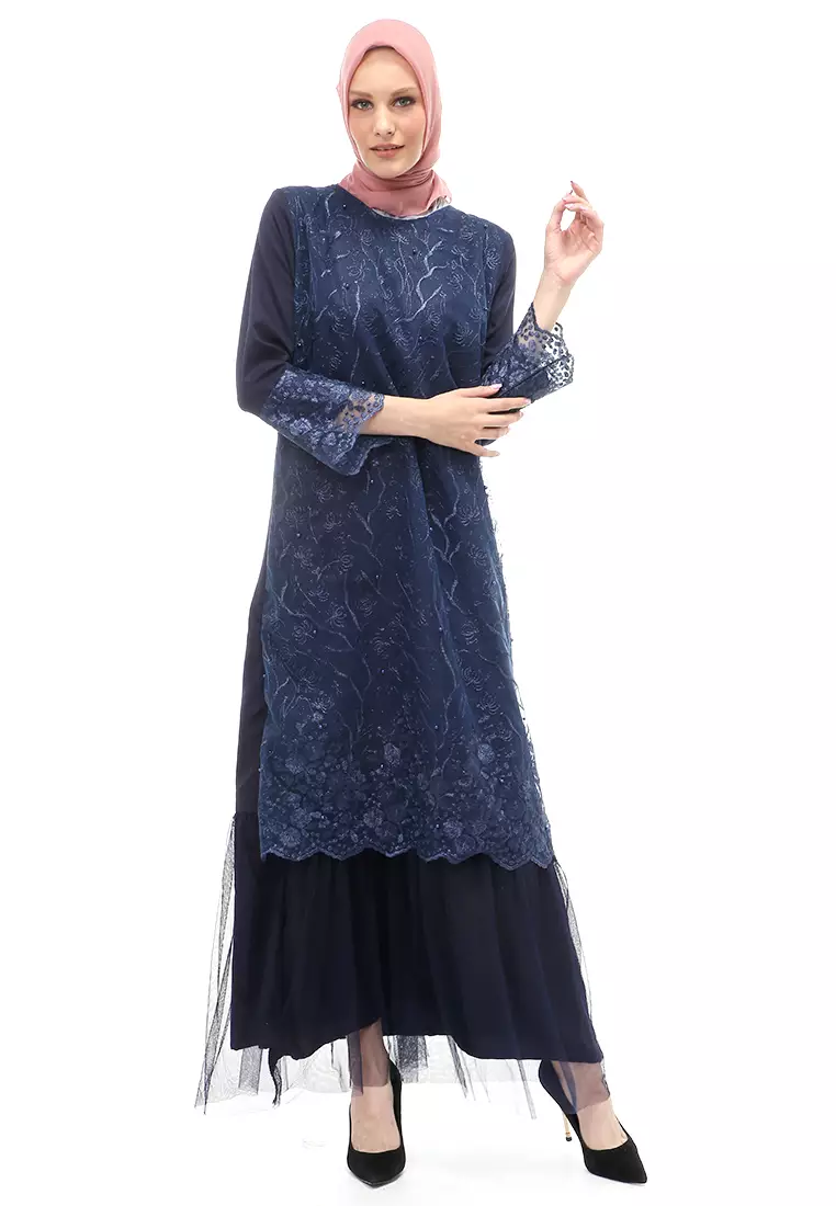 Diana Gamis Brukat Wanita Muslimah Lapis Moscrepe Premium Quality - Navy