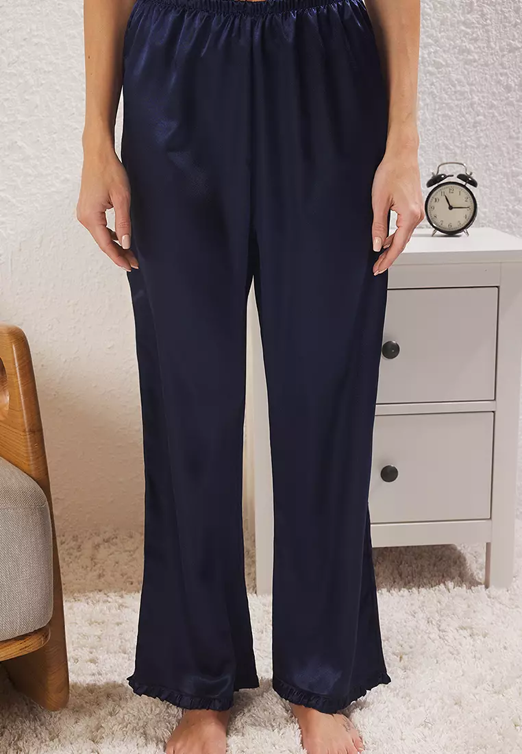 Buy Trendyol Navy Blue Ruffled Rope Strap Satin Woven Pajama Set ...