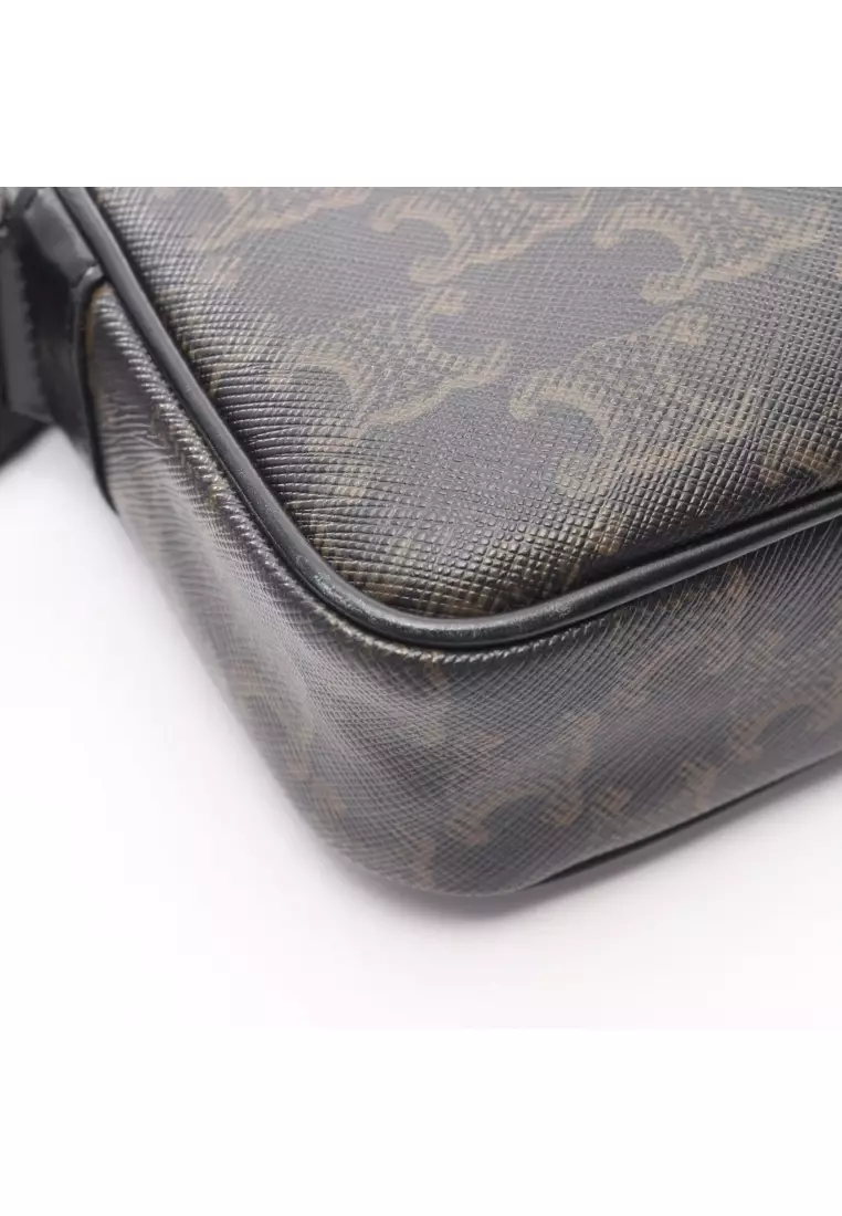 Pre-Loved Celine Triomphe Medium Messenger bag Shoulder bag PVC leather Dark brown black