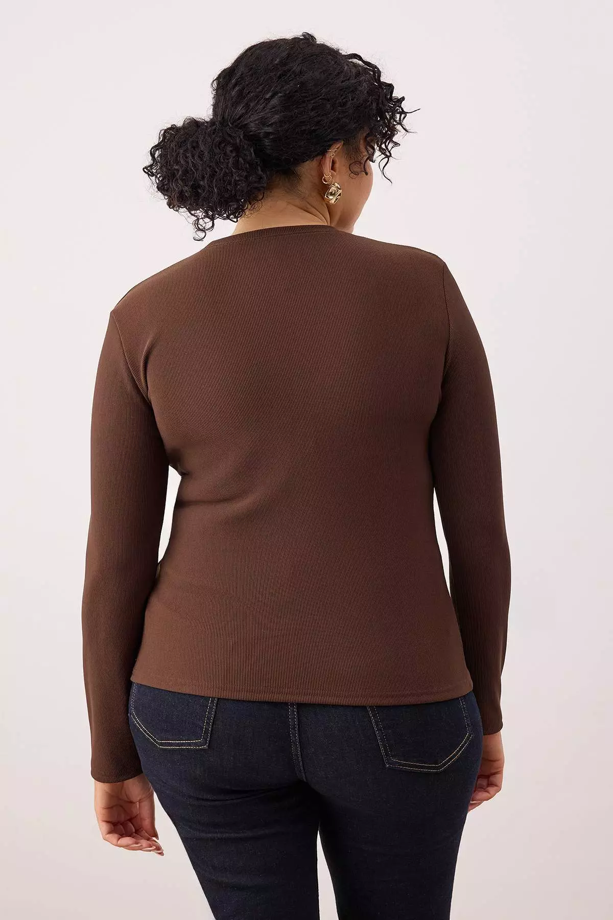 Brown Accessory Buttoned Long Sleeve Ribbed Knitted Plus Size Blouse Tbbaw26Af00078