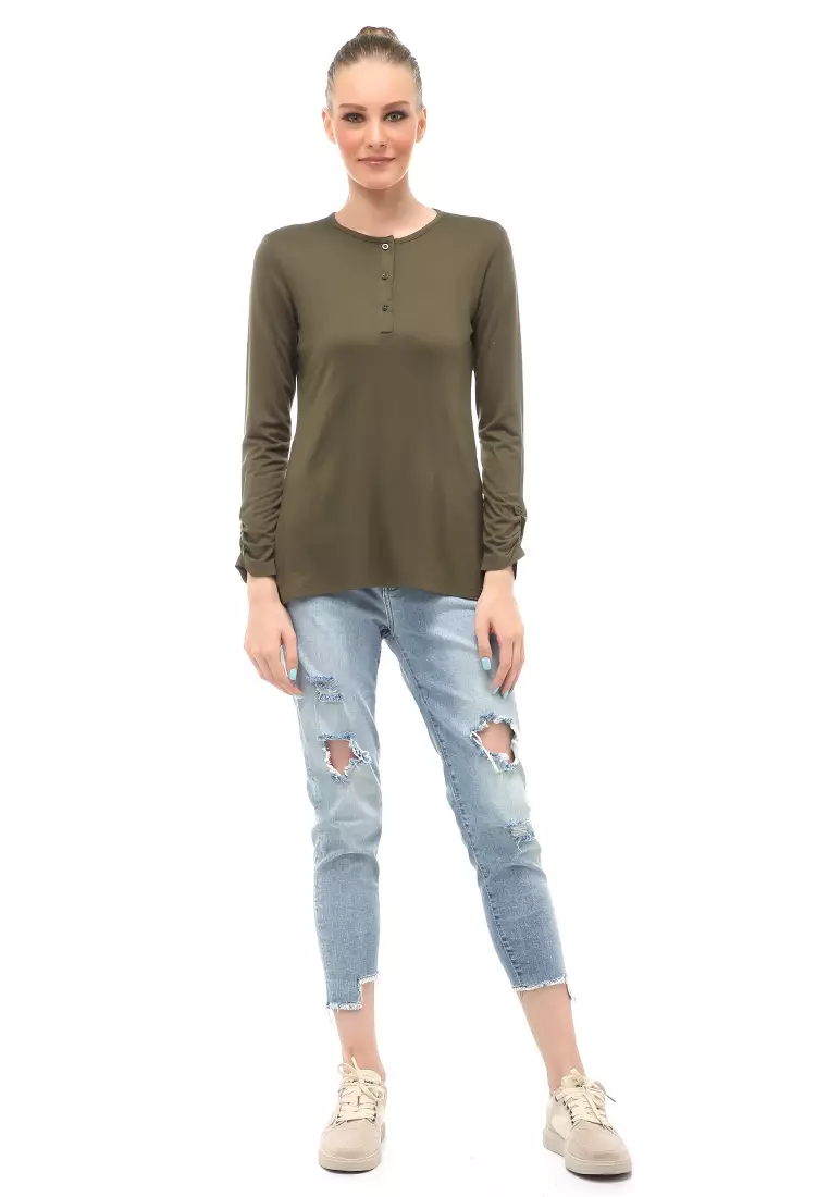 Kaos Wanita Lengan Serut Motif Solid Design Simple Relaxed Fit - Army Green