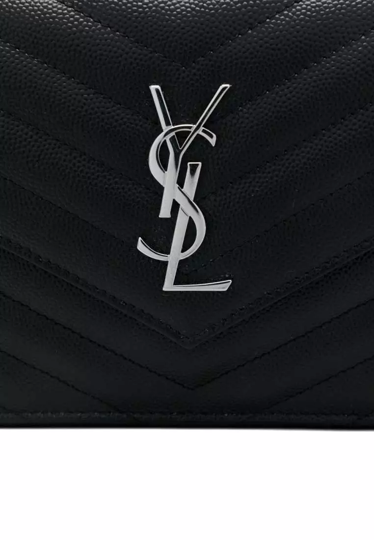 YSL Matelasse Envelope Chain Wallet In Grain De Poudre Embossed Leather Black/Silver 857605BOW02