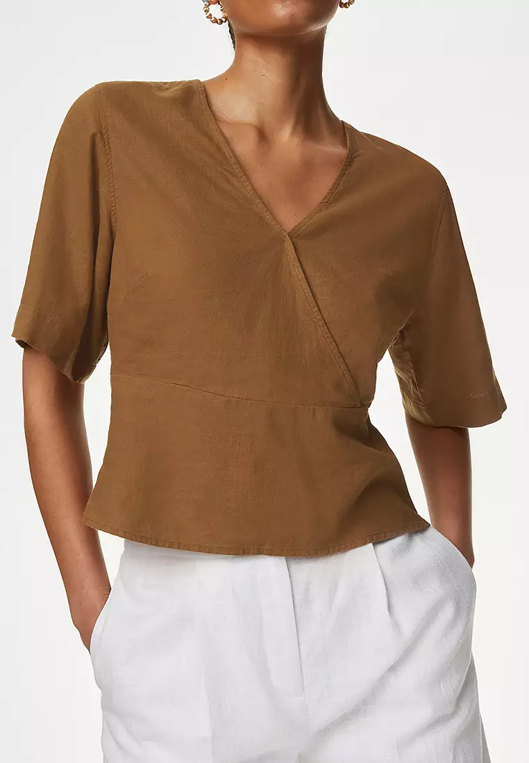 Linen Rich V Neck Kimono Sleeve Blouse