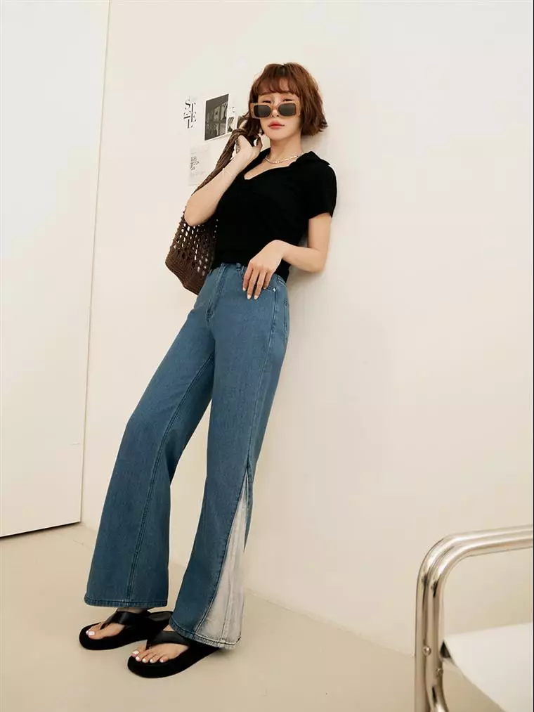 Cotton Pants Tube Stitching Contrast Split Denim Wide Leg Pants [BA7211]