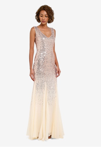 Sequin and Chiffon Fishtail Maxi Dress in Champagne