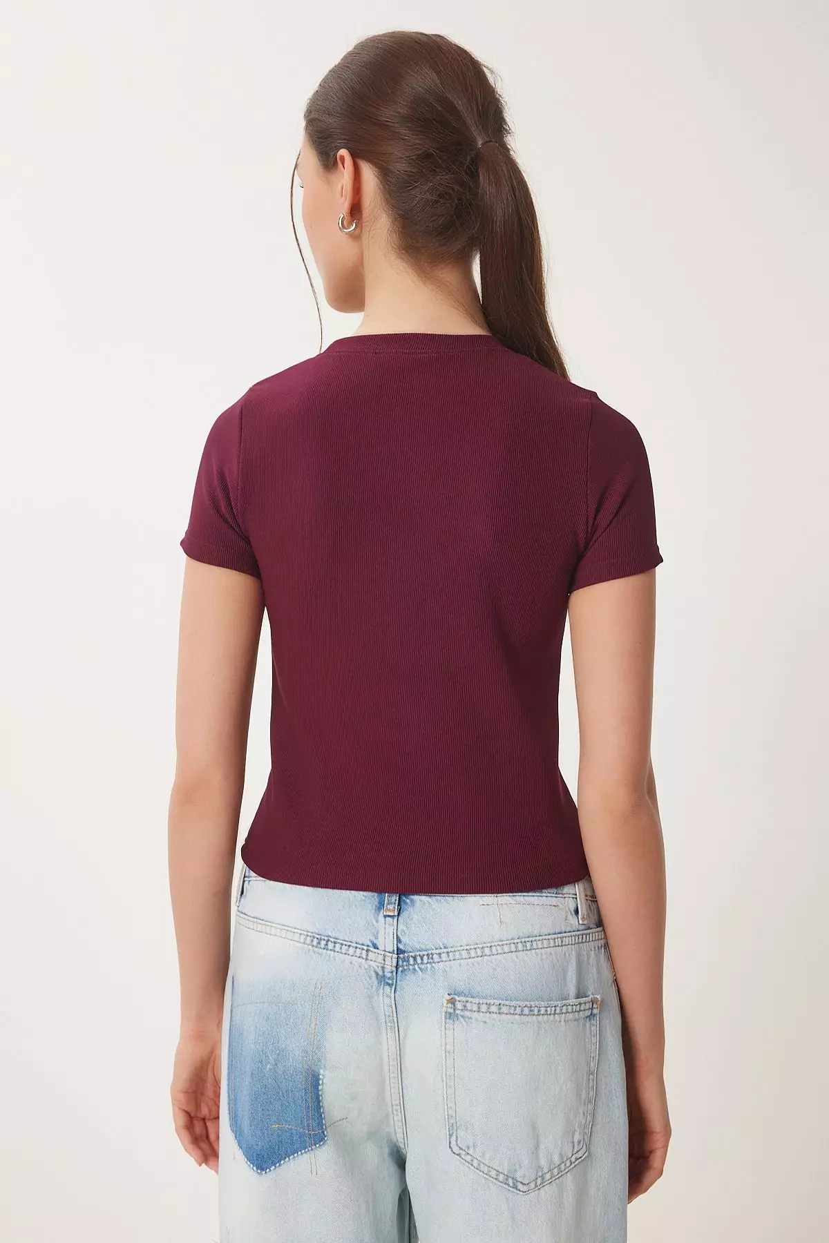 Heart Embroidered Ribbed Knitted T-Shirt