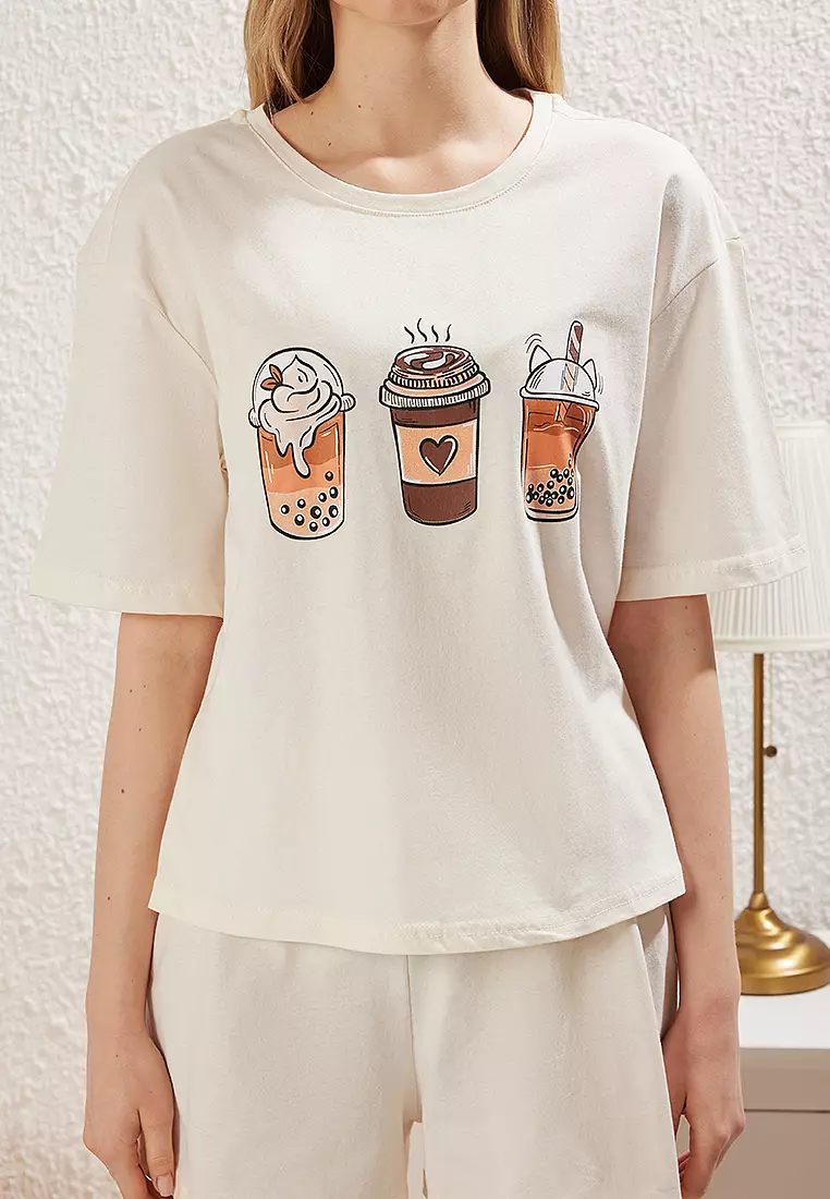 Ekru Coffee Printed Knitted Pajama Set With Shorts