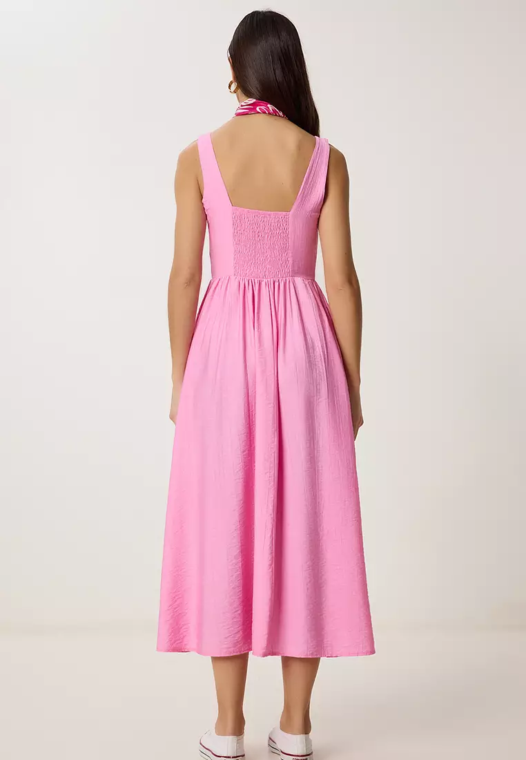 Women's Pink Wrinkle Effect Flared Woven Dress Ub00339