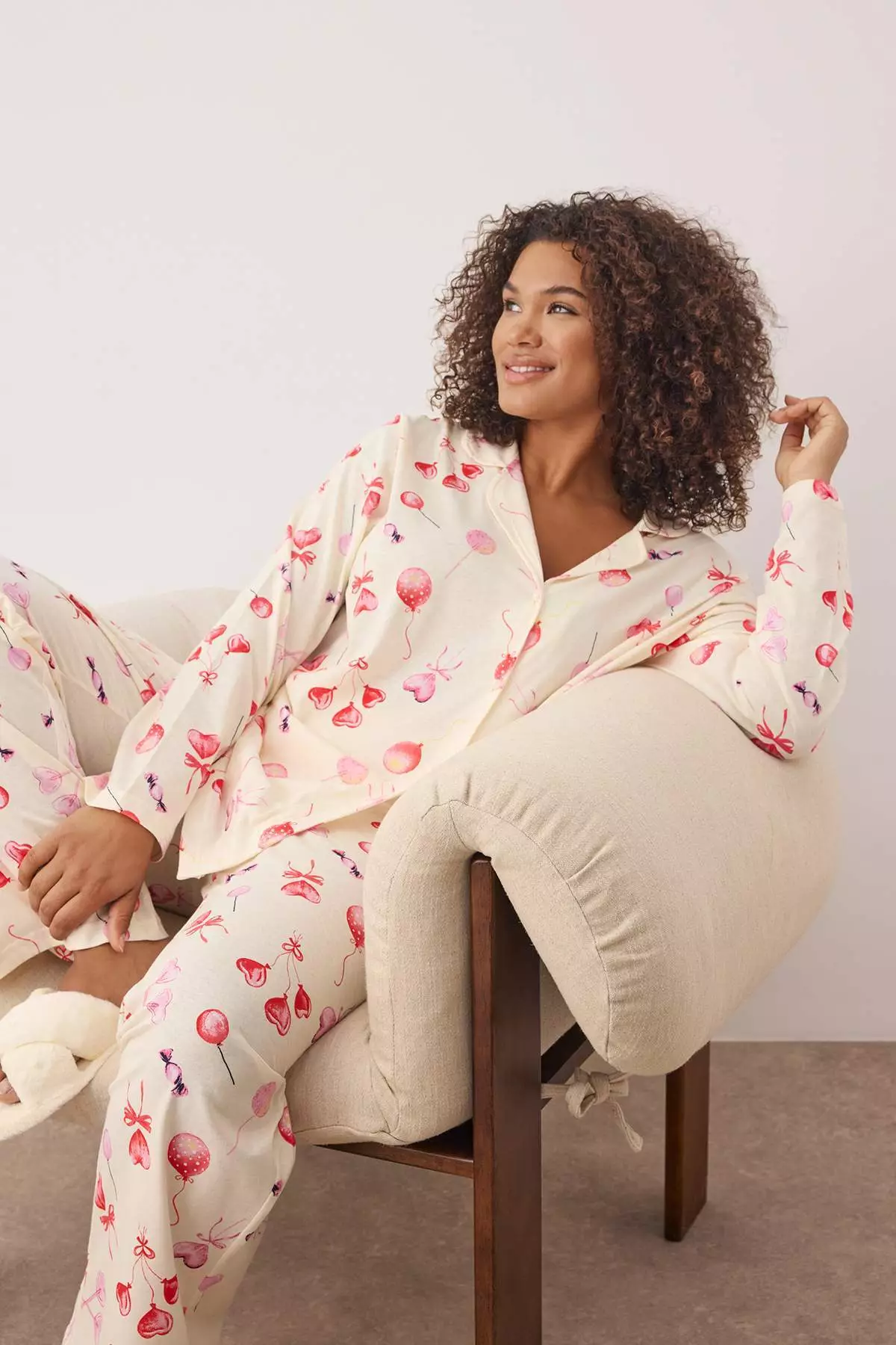 Ecru 100% Cotton Heart Patterned Shirt-Pants Knitted Pajama Set Tbbaw26Ai00017