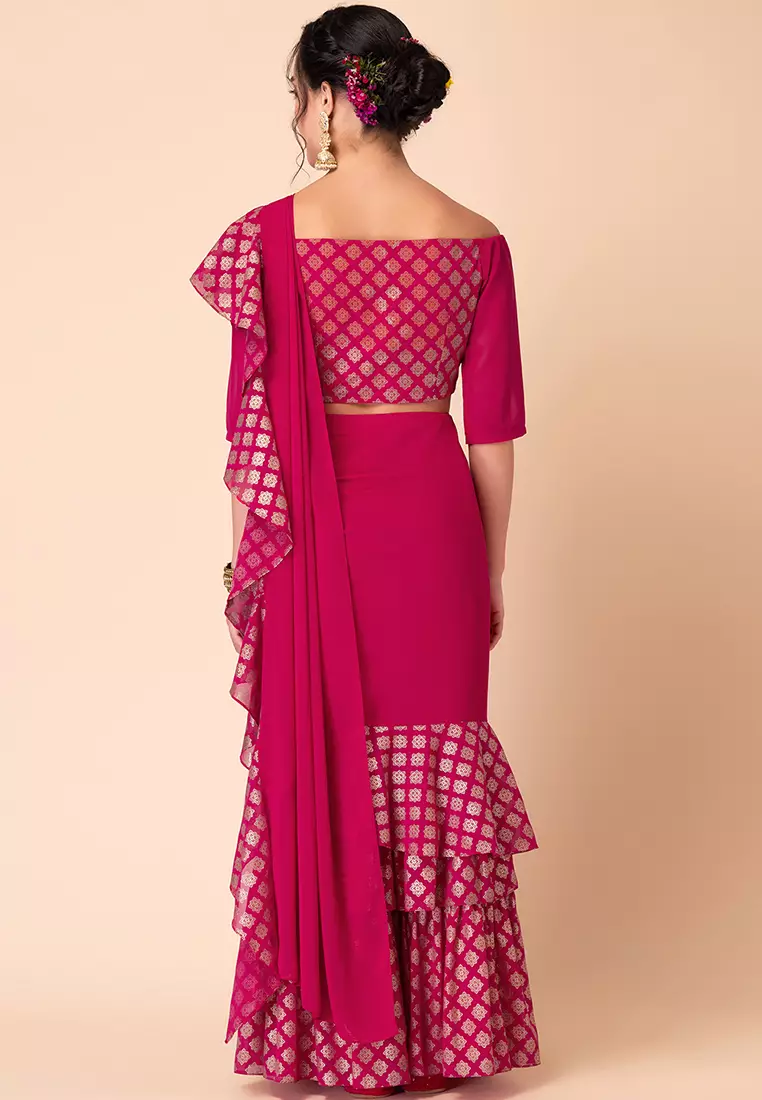 Pink Foil Print Ruffled Pre-Stitched Saree