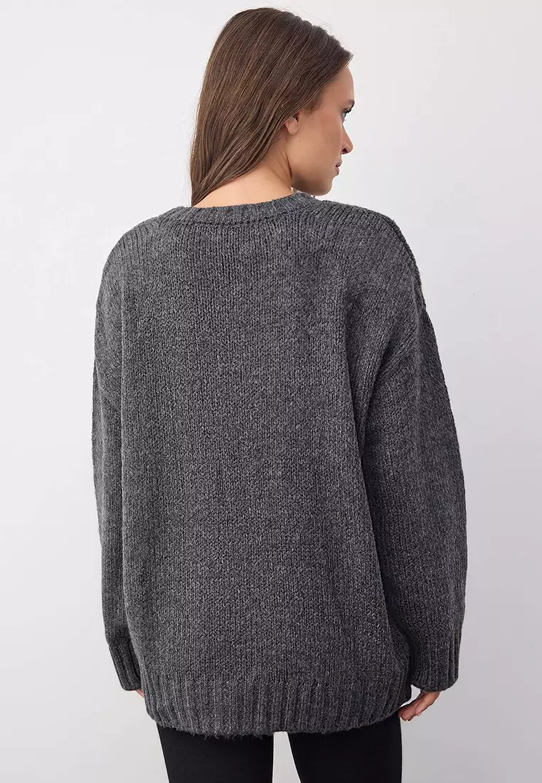 Wardrobe Essentials Anthracite Soft Textured Loose Fit Basic Knit Sweater | Twoaw26Kz00073