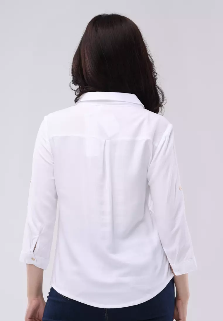 Bold Twill 3/4 Sleeves Collared Blouse