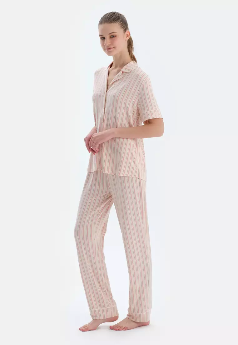 Pink Shirt & Trousers, Striped, Shirt Collar, Regular, Long Leg, Short Sleeve Sleepwear for Women