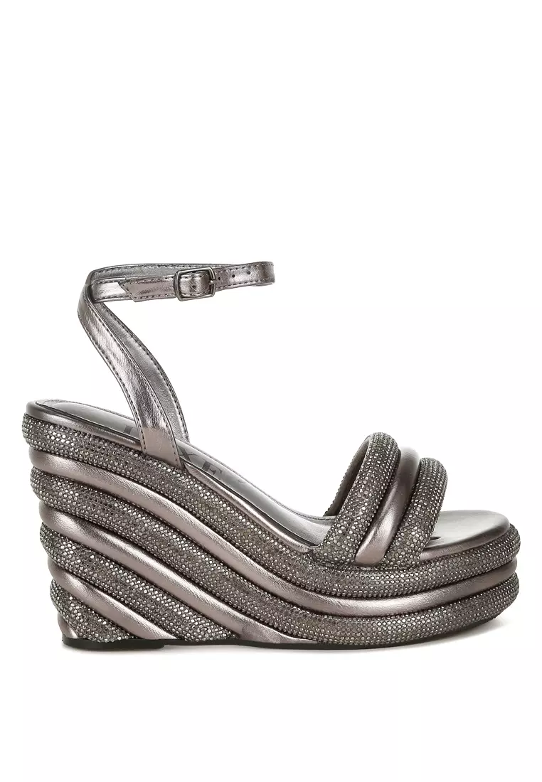 Discount on London Rag  shoes - SKU: Pewter Rhinestone Studded Wedge Sandals