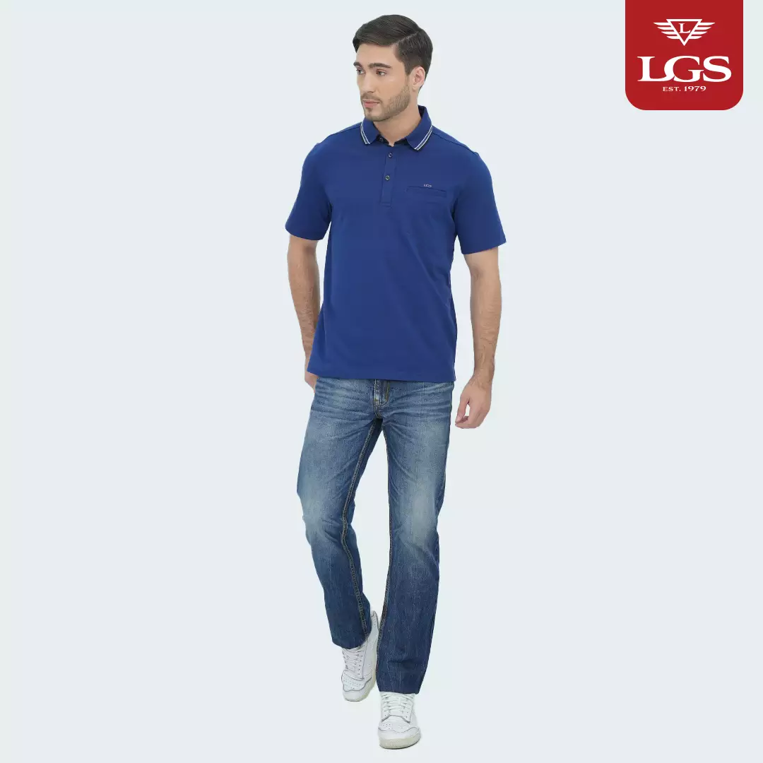 LGS - Polo Shirt Pria - Pocket - Regular Fit - Multi - Aksen Garis - 3 Kancing Aktif - Katun - Biru - CWS.225.C3517.01.C