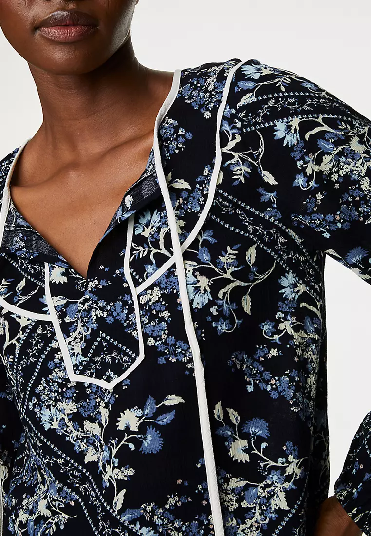 Cotton Blend Printed V-Neck Blouse